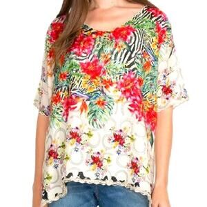 Johnny Was Seabiscuit Shiloh Blouse 100% Silk Equestrian Floral Oversized Sz S